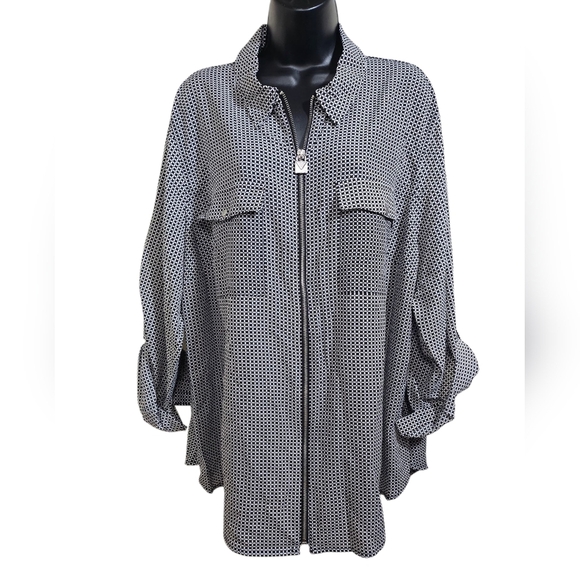 NEW Michael Kors Geometric Black White Full Zip-Up Blouse 3X - Picture 1 of 13